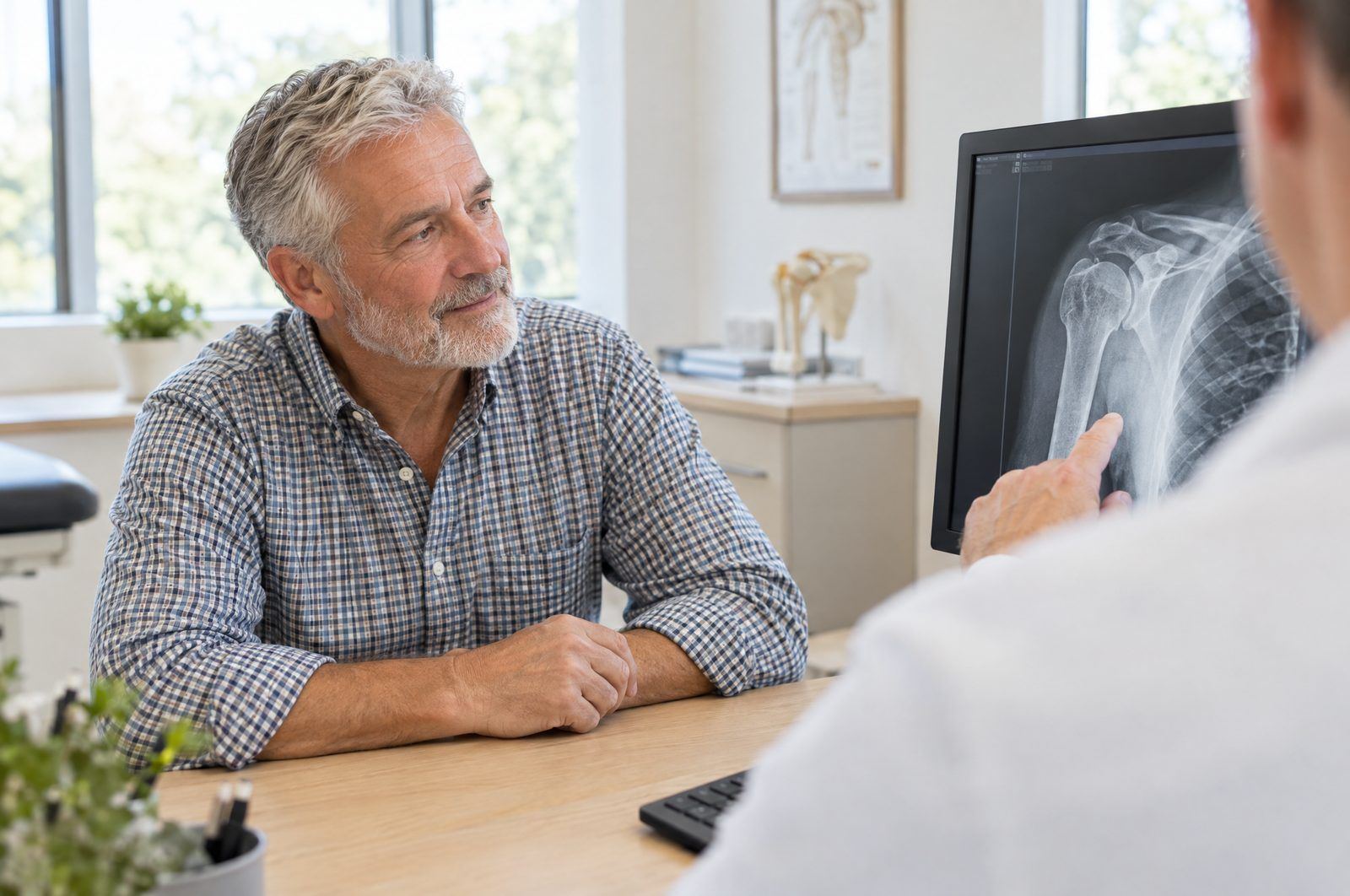 Besprechung eines Schulter-Röntgenbilds mit einem älteren Patienten