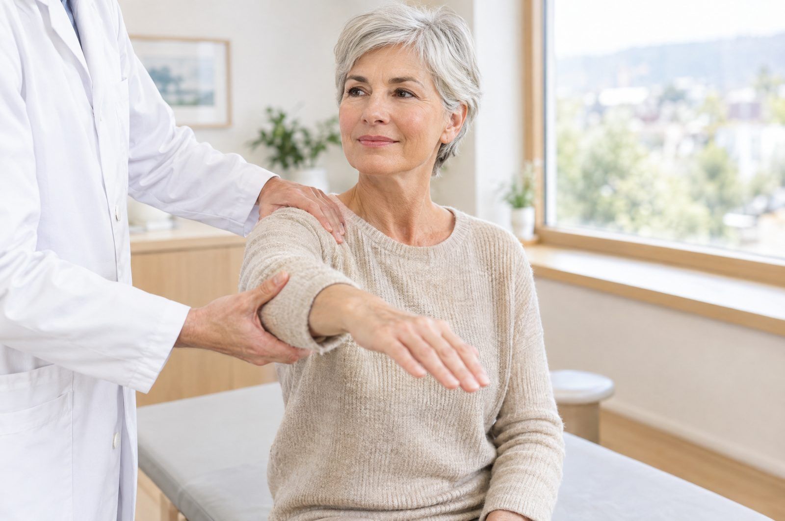 Untersuchung der Schulter einer älteren Patientin